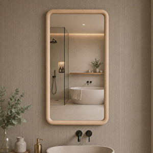 Yuvarlatılmış Köşeli Dikdörtgen Duvar Aynası, Ahşap Çerçeveli Ayna, Masif Kayın Ağacı Banyo Lavabo Aynası (si̇yah Rengi̇) 60x106 cm