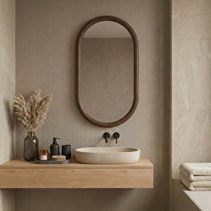 Kapsül Formlu Kayın Ahşap Çerçeveli Ayna | Boy Aynası, Oval Banyo Ve Antre Dekoru (cevi̇z Rengi̇) 50x89 cm