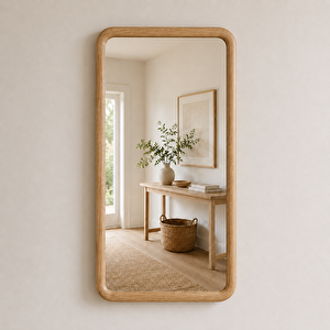 Yuvarlatılmış Köşeli Dikdörtgen Duvar Aynası, Ahşap Çerçeveli Ayna, Masif Kayın Ağacı Banyo Lavabo Aynası (meşe Rengi̇) 50x88 cm