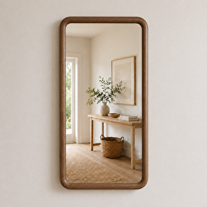 Yuvarlatılmış Köşeli Dikdörtgen Duvar Aynası, Ahşap Çerçeveli Ayna, Masif Kayın Ağacı Banyo Lavabo Aynası (cevi̇z Rengi̇) 50x88 cm