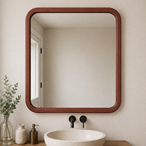 Kare Ahşap Çerçeveli Ayna, Yuvarlatılmış Köşeli Duvar Aynası, Masif Kayın Banyo Aynası, Antre Ve Makyaj Aynası (maun Rengi̇) 80x80 cm