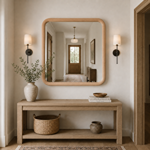 Kare Ahşap Çerçeveli Ayna, Yuvarlatılmış Köşeli Duvar Aynası, Masif Kayın Banyo Aynası, Antre Ve Makyaj Aynası (maun Rengi̇) 80x80 cm
