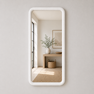 Yuvarlatılmış Köşeli Dikdörtgen Duvar Aynası, Ahşap Çerçeveli Ayna, Masif Kayın Ağacı Banyo Lavabo Aynası (beyaz Rengi̇) 50x88 cm