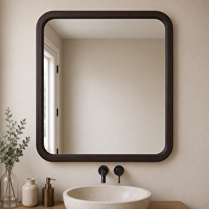 Kare Ahşap Çerçeveli Ayna, Yuvarlatılmış Köşeli Duvar Aynası, Masif Kayın Banyo Aynası, Antre Ve Makyaj Aynası (si̇yah Rengi̇) 70x70 cm