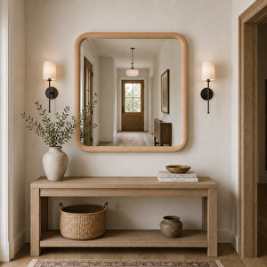 Kare Ahşap Çerçeveli Ayna, Yuvarlatılmış Köşeli Duvar Aynası, Masif Kayın Banyo Aynası, Antre Ve Makyaj Aynası (si̇yah Rengi̇) 70x70 cm