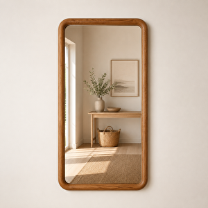 Yuvarlatılmış Köşeli Dikdörtgen Duvar Aynası, Ahşap Çerçeveli Ayna, Masif Kayın Ağacı Banyo Lavabo Aynası (ti̇k Rengi̇) 70x123 cm