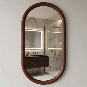 Kapsül Formlu Kayın Ahşap Çerçeveli Ayna | Boy Aynası, Oval Banyo Ve Antre Dekoru (pelesenk Rengi̇) 65x116 cm