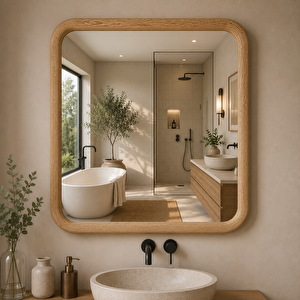Kare Ahşap Çerçeveli Ayna, Yuvarlatılmış Köşeli Duvar Aynası, Masif Kayın Banyo Aynası, Antre Ve Makyaj Aynası (kayin Rengi̇) 40x40 cm