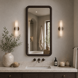 Yuvarlatılmış Köşeli Dikdörtgen Duvar Aynası, Ahşap Çerçeveli Ayna, Masif Kayın Ağacı Banyo Lavabo Aynası (pelesenk Rengi̇) 50x88 cm