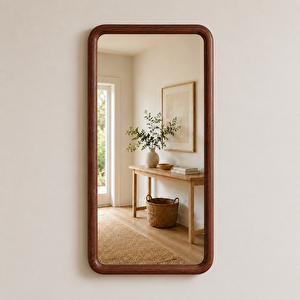 Yuvarlatılmış Köşeli Dikdörtgen Duvar Aynası, Ahşap Çerçeveli Ayna, Masif Kayın Ağacı Banyo Lavabo Aynası (maun Rengi̇) 40x70 cm