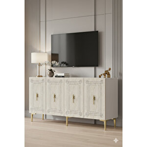 Ka1539btg- Zülbi̇a Konsol, Tv Sehpasi, Çok Amaçli Dolap Ve Kahve Köşesi̇ 150cm Beyaz-traverten-gold Beyaz-Traverten-Gold