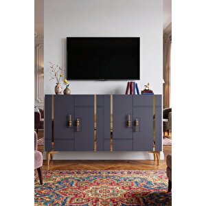 Ka1242ag - İlay Konsol, Tv Sehpasi, Çok Amaçli Dolap Ve Kahve Köşesi̇ 120cm Antrasi̇t-gold Gold
