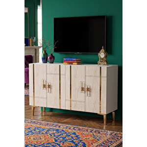 Ka1242btg - İlay Konsol, Tv Sehpasi, Çok Amaçli Dolap Ve Kahve Köşesi̇ 120cm Beyaz-traverten-gold Beyaz-Traverten-Gold