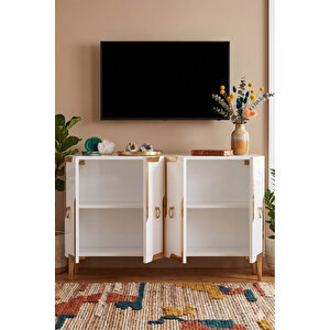 Ka1233bg - Yuba Konsol, Tv Sehpasi, Çok Amaçli Dolap Ve Kahve Köşesi̇ 120cm Beyaz-gold 64192