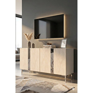 Ka1298bts - Cherry Konsol, Tv Sehpasi, Çok Amaçli Dolap Ve Kahve Köşesi̇ 120cm Beyaz-traverten-si̇lver Beyaz-Traverten-Silver