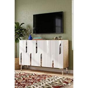 Ka1231dbs - İlhani̇ye Konsol, Tv Sehpasi, Çok Amaçli Dolap Ve Kahve Köşesi̇ 120cm Safi̇rmeşe-beyaz-si̇lver 64081