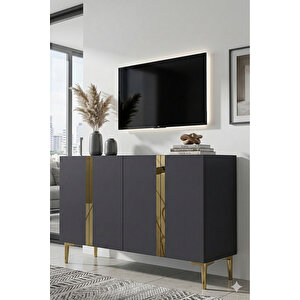 Ka1298ag - Cherry Konsol, Tv Sehpasi, Çok Amaçli Dolap Ve Kahve Köşesi̇ 120cm Antrasi̇t-gold Gold