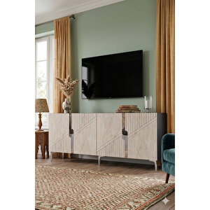 Ka1528ats - Meba Konsol, Tv Sehpasi, Çok Amaçli Dolap Ve Kahve Köşesi̇ 150cm Antrasi̇t-traverten-si̇lver Beyaz Silver