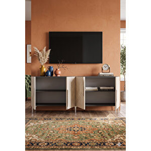 Ka1528ats - Meba Konsol, Tv Sehpasi, Çok Amaçli Dolap Ve Kahve Köşesi̇ 150cm Antrasi̇t-traverten-si̇lver Beyaz Silver