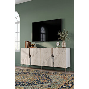 Ka1528bts - Meba Konsol, Tv Sehpasi, Çok Amaçli Dolap Ve Kahve Köşesi̇ 150cm Beyaz-traverten-si̇lver Beyaz-Traverten-Silver