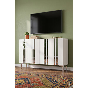 Ka1230bs - Sofi̇a Konsol, Tv Sehpasi, Çok Amaçli Dolap Ve Kahve Köşesi̇ 120cm Beyaz-si̇lver 64081