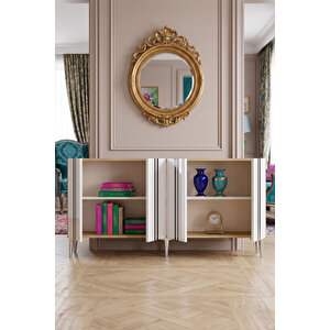 Ka1530dbs - Sofi̇a Konsol, Tv Sehpasi, Çok Amaçli Dolap Ve Kahve Köşesi̇ 150cm Safi̇rmeşe-beyaz-si̇lver Safir
