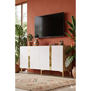 Ka1598dbg - Cherry Konsol, Tv Sehpasi, Çok Amaçli Dolap Ve Kahve Köşesi̇ 150cm Safi̇rmeşe-beyaz-gold Safirmeşe-Beyaz-Gold