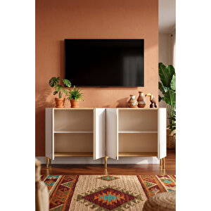 Ka1598dbg - Cherry Konsol, Tv Sehpasi, Çok Amaçli Dolap Ve Kahve Köşesi̇ 150cm Safi̇rmeşe-beyaz-gold Safirmeşe-Beyaz-Gold