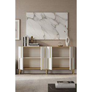 Ka1531dbg - İlhani̇ye Konsol, Tv Sehpasi, Çok Amaçli Dolap Ve Kahve Köşesi̇ 150cm Safi̇rmeşe-beyaz-gold Safirmeşe-Beyaz-Gold