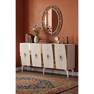Ka1507btg - Başari Konsol, Tv Sehpasi, Çok Amaçli Dolap Ve Kahve Köşesi̇ 150cm Beyaz-traverten-gold Beyaz-Traverten-Gold