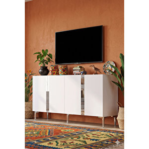 Ka1598bs - Cherry Konsol, Tv Sehpasi, Çok Amaçli Dolap Ve Kahve Köşesi̇ 150cm Beyaz-si̇lver Beyaz 03