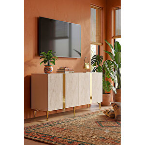 Ka1598btg - Cherry Konsol, Tv Sehpasi, Çok Amaçli Dolap Ve Kahve Köşesi̇ 150cm Beyaz-traverten-gold Beyaz-Traverten-Gold