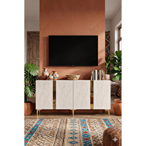 Ka1598btg - Cherry Konsol, Tv Sehpasi, Çok Amaçli Dolap Ve Kahve Köşesi̇ 150cm Beyaz-traverten-gold Beyaz-Traverten-Gold