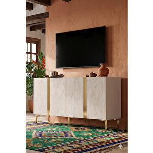 Ka1598btg - Cherry Konsol, Tv Sehpasi, Çok Amaçli Dolap Ve Kahve Köşesi̇ 150cm Beyaz-traverten-gold Beyaz-Traverten-Gold
