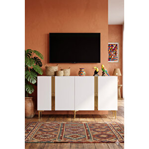 Ka1598bg - Cherry Konsol, Tv Sehpasi, Çok Amaçli Dolap Ve Kahve Köşesi̇ 150cm Beyaz-gold Gold 04