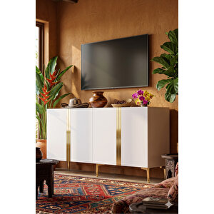 Ka1598bg - Cherry Konsol, Tv Sehpasi, Çok Amaçli Dolap Ve Kahve Köşesi̇ 150cm Beyaz-gold Gold 04