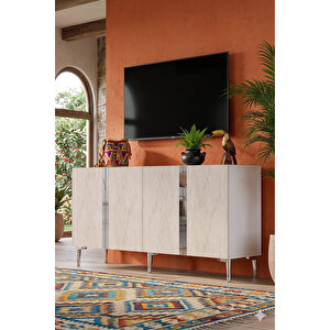 Ka1598bts - Cherry Konsol, Tv Sehpasi, Çok Amaçli Dolap Ve Kahve Köşesi̇ 150cm Beyaz-traverten-si̇lver Beyaz-Traverten-Silver