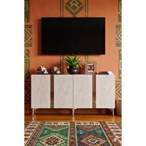 Ka1598bts - Cherry Konsol, Tv Sehpasi, Çok Amaçli Dolap Ve Kahve Köşesi̇ 150cm Beyaz-traverten-si̇lver Beyaz-Traverten-Silver