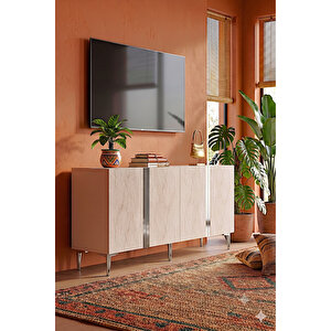 Ka1598bts - Cherry Konsol, Tv Sehpasi, Çok Amaçli Dolap Ve Kahve Köşesi̇ 150cm Beyaz-traverten-si̇lver Beyaz-Traverten-Silver