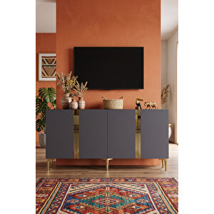 Ka1598ag - Cherry Konsol, Tv Sehpasi, Çok Amaçli Dolap Ve Kahve Köşesi̇ 150cm Antrasi̇t-gold Antrasit Gold