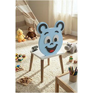 Falez Happy Face Çocuk Sandalyesi, Ahşap Ayaklı, Sevimli Figürlü Mavi