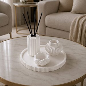 El Yapımı Dekoratif Tepsi, Lotus Mumluk, Dalga Desenli Oda Kokusu Şişesi Ve Mumluk 4’lü Set