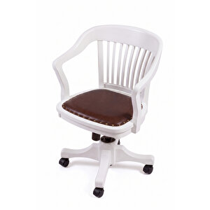 Throne Deri Döşemeli Ahşap Ofis Sandalyesi Beyaz