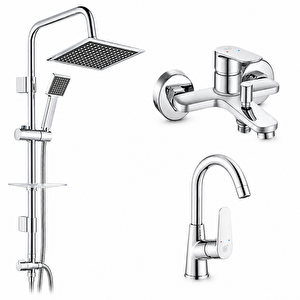 Fast Banyo Bataryası + Ar Fast Kuğu Borulu Lavabo Bataryası + Tema 53260 Quadro Rain Pratik Duş Sistemi