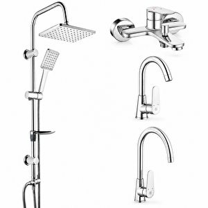 Fast Banyo Bataryası + Kuğu Lavabo Bataryası + Eviye Bataryası + Tema 53242 Rain Carismo Duş Sistemi