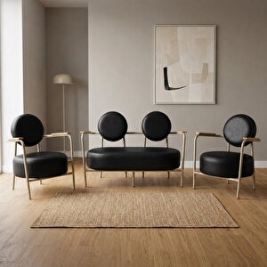 Venüs 2+1+1 Deri Ofis & Büro İş Yeri Bekleme Koltuğu Takımı – Cappuccino Metal İskelet - Siyah