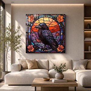 Karga Ve Güller Vitray Cam Tablo | Hayvan Temalı Modern Duvar Sanatı, Uv Baskı, Salon Ve Ofis Dekoru 90x90 cm