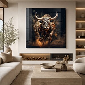 Dinamik Boğa Cam Tablo | Hayvan Temalı Modern Duvar Sanatı, Uv Baskı, Salon Ve Ofis Dekoru 90x90 cm