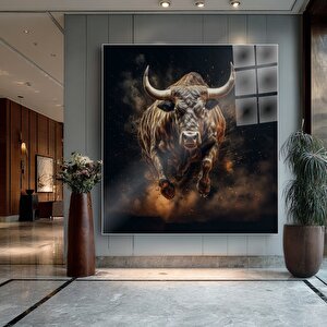 Dinamik Boğa Cam Tablo | Hayvan Temalı Modern Duvar Sanatı, Uv Baskı, Salon Ve Ofis Dekoru 100x100 cm