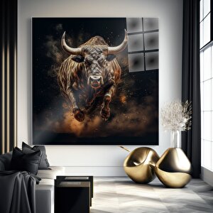 Dinamik Boğa Cam Tablo | Hayvan Temalı Modern Duvar Sanatı, Uv Baskı, Salon Ve Ofis Dekoru 100x100 cm